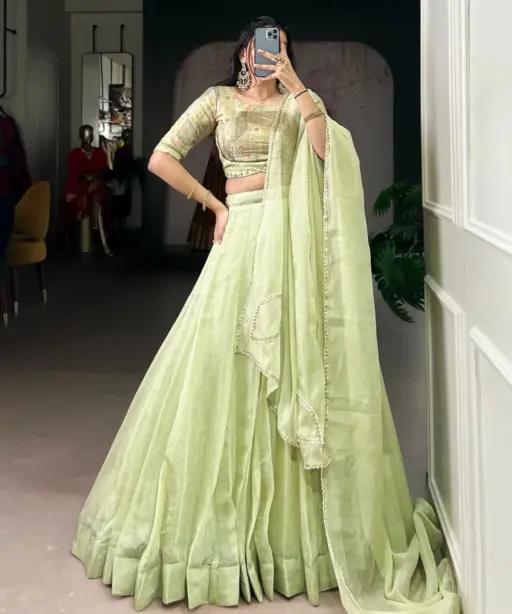 Pastel Teal Plain Lehenga with Embroidery Readymade Blouse