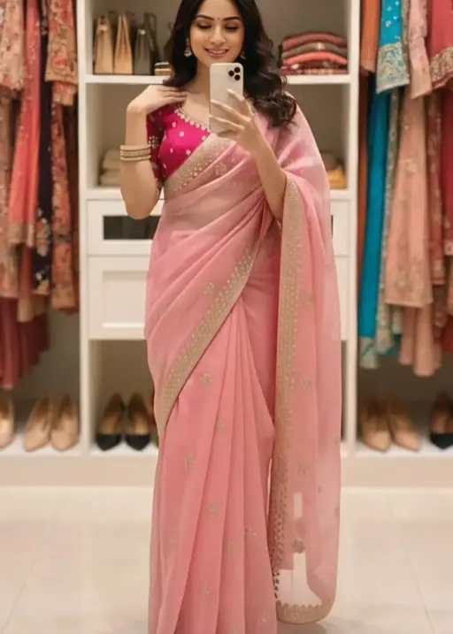 Pink Embroidery Saree with Readymade Blouse