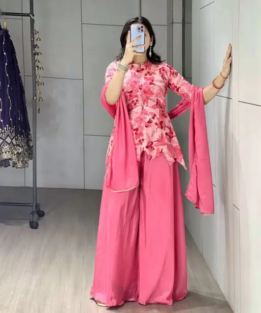 Pink Floral Embroidery Short Top with Plazzo Dress