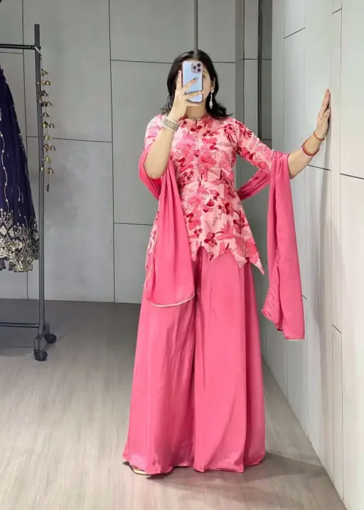 Pink Floral Embroidery Short Top with Plazzo Dress