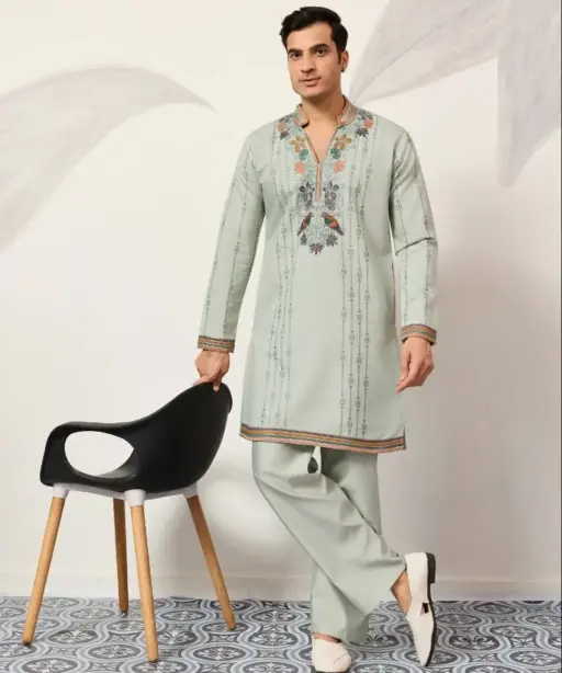Pista Color Mens Embroidery Kurta Set for Sangeet