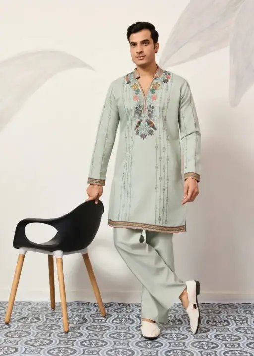 Pista Color Mens Embroidery Kurta Set for Sangeet