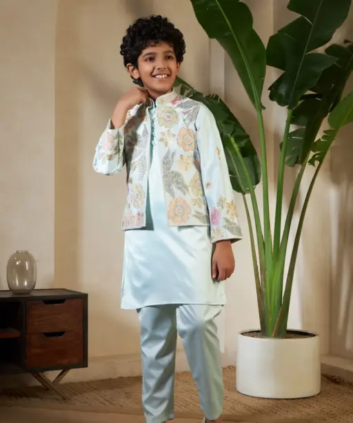 Pista Color small boys wedding kurta with koti