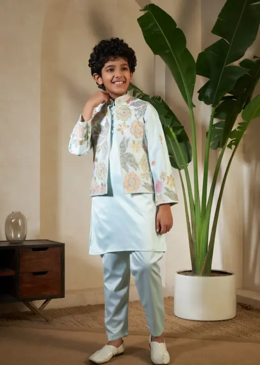 Pista Color small boys wedding kurta with koti