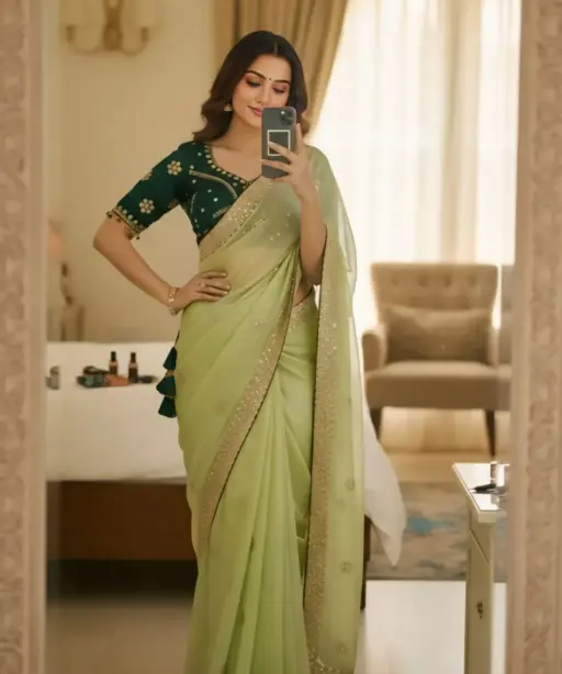 Pista Green Embroidery Saree with Readymade Blouse