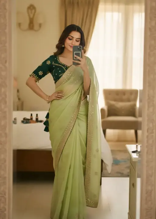 Pista Green Embroidery Saree with Readymade Blouse