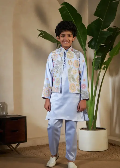 Purple color small boys wedding kurta with koti