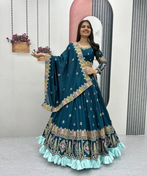 Teal Color Wedding Guest Readymade Lehenga