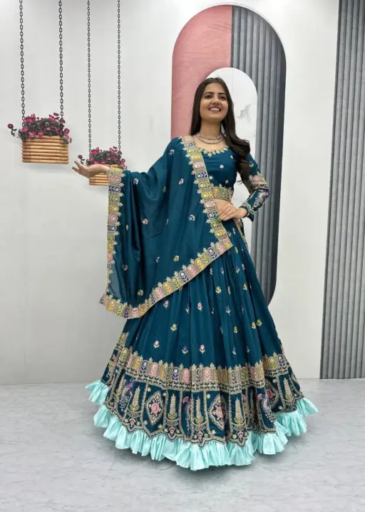 Teal Color Wedding Guest Readymade Lehenga