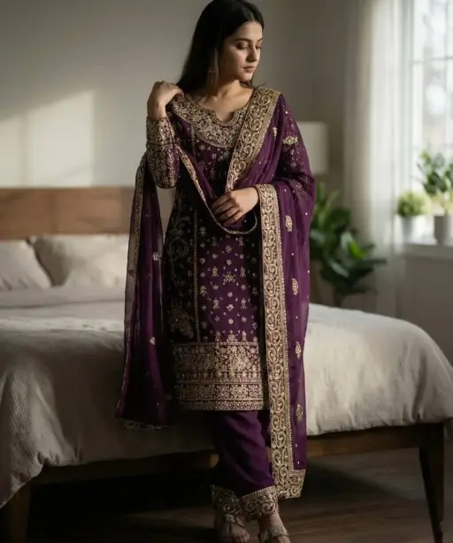 Purple Readymade Pakistani Long Suits for Women