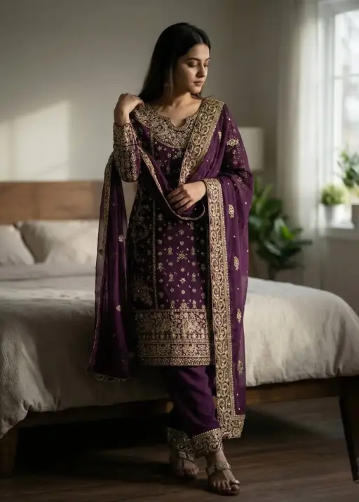 Purple Readymade Pakistani Long Suits for Women