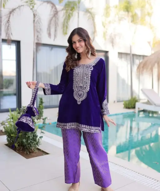 Purple Velvet Co ord Set for Eid with Batwa