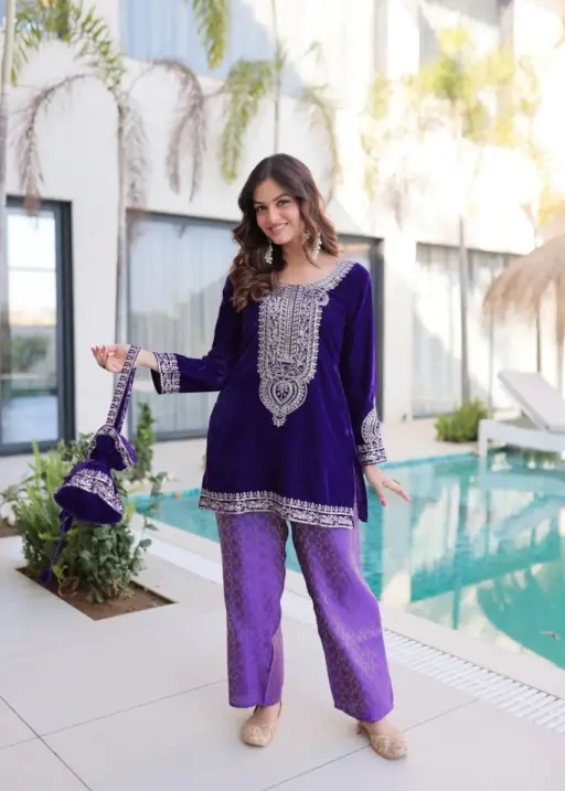Purple Velvet Co ord Set for Eid with Batwa