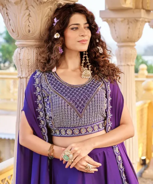Purple Wedding Shrug Style Readymade Lehenga