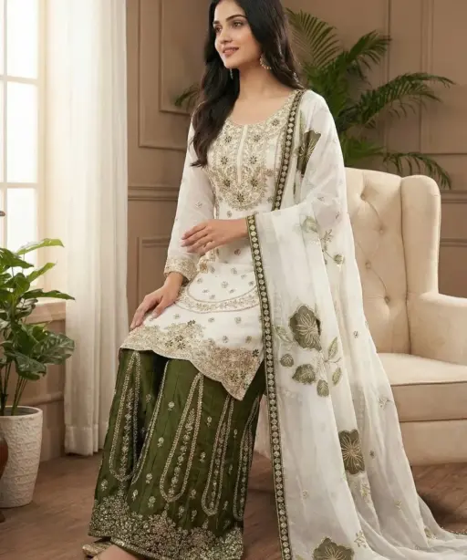 Readymade Pakistani Flared plazzo kurta Set mehendi