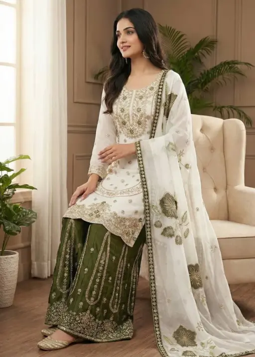 Readymade Pakistani Flared plazzo kurta Set mehendi