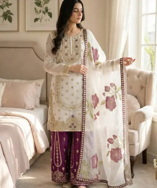 Readymade Pakistani Flared plazzo kurta Set purple