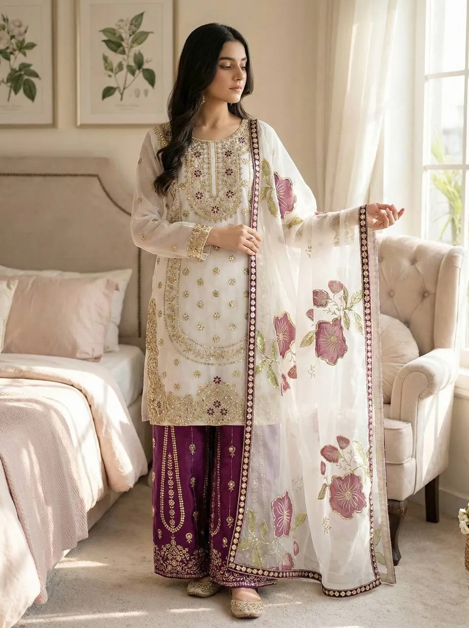 Readymade Pakistani Flared plazzo kurta Set purple