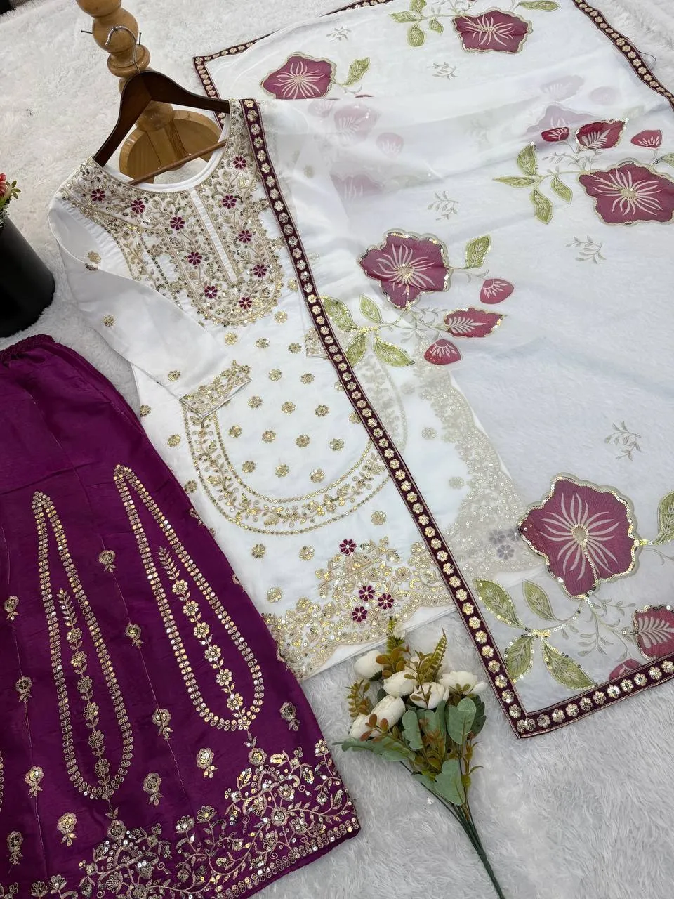 Readymade Pakistani Flared plazzo kurta Set purple - Image 3