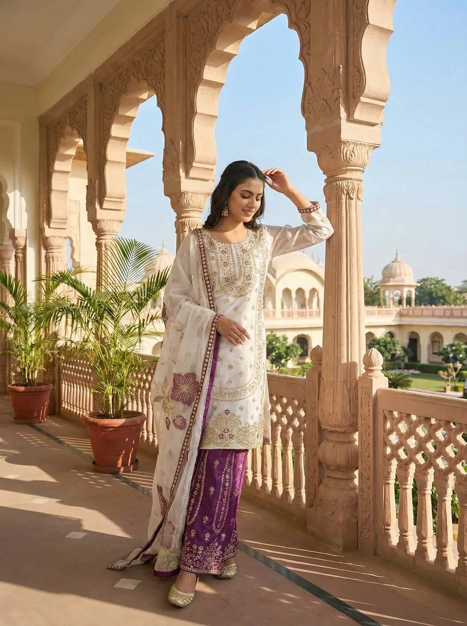 Readymade Pakistani Flared plazzo kurta Set purple - Image 4