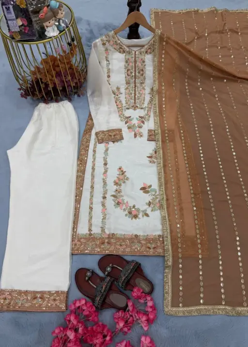 Readymade Pakistani Straight Salwar Suit Chiku