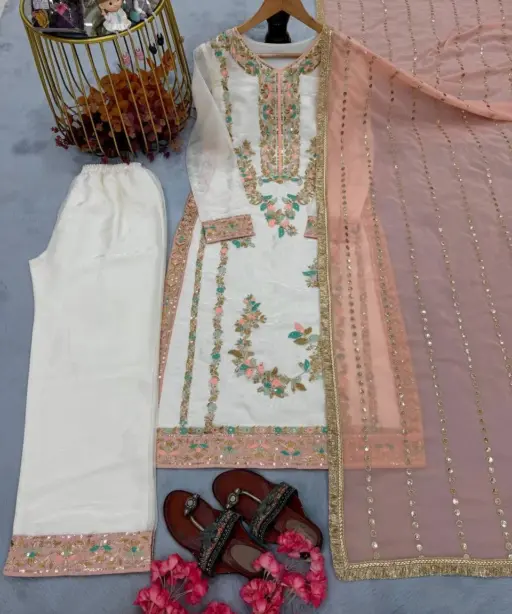 Readymade Pakistani Straight Salwar Suit Peach