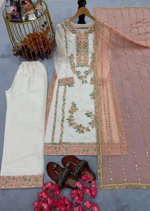 Readymade Pakistani Straight Salwar Suit Peach