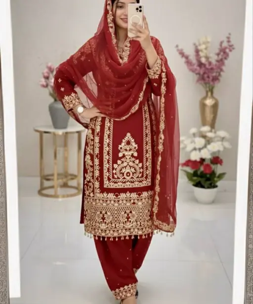 Readymade Suits Red Embroidery Dress