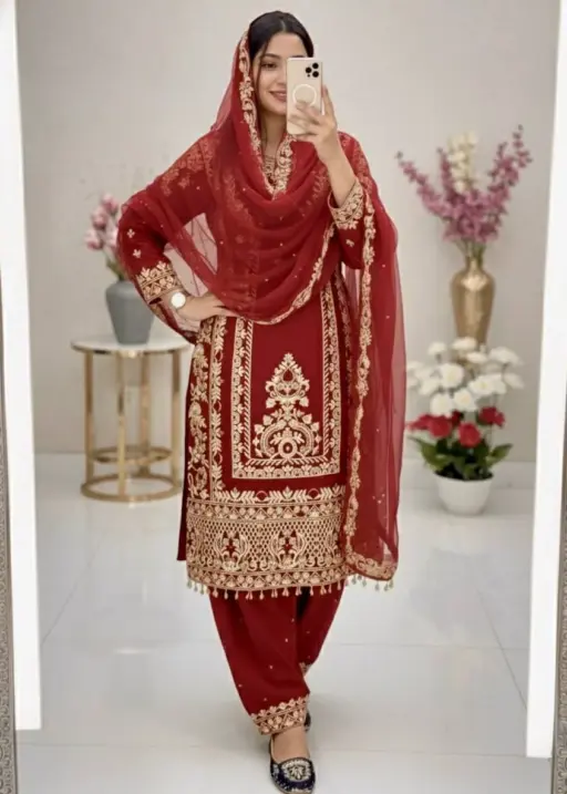 Readymade Suits Red Embroidery Dress