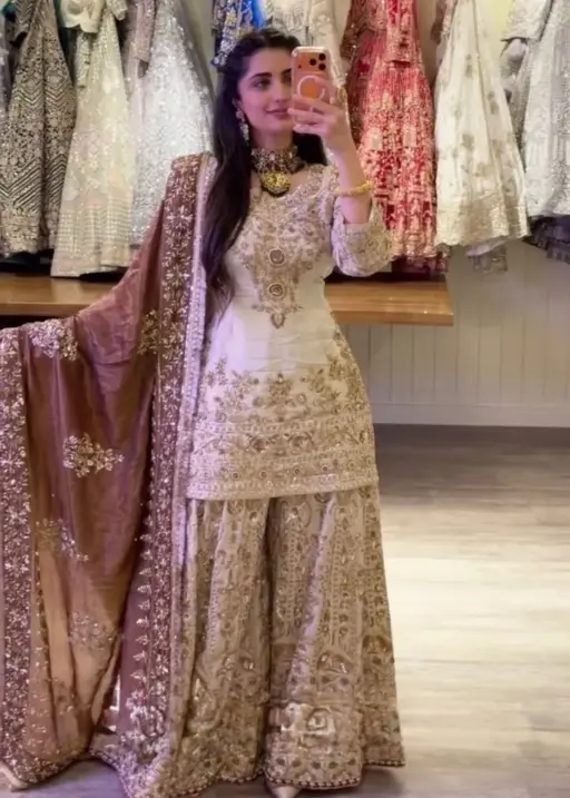 Readymade White Pakistani Sharara with Golden Embroidery