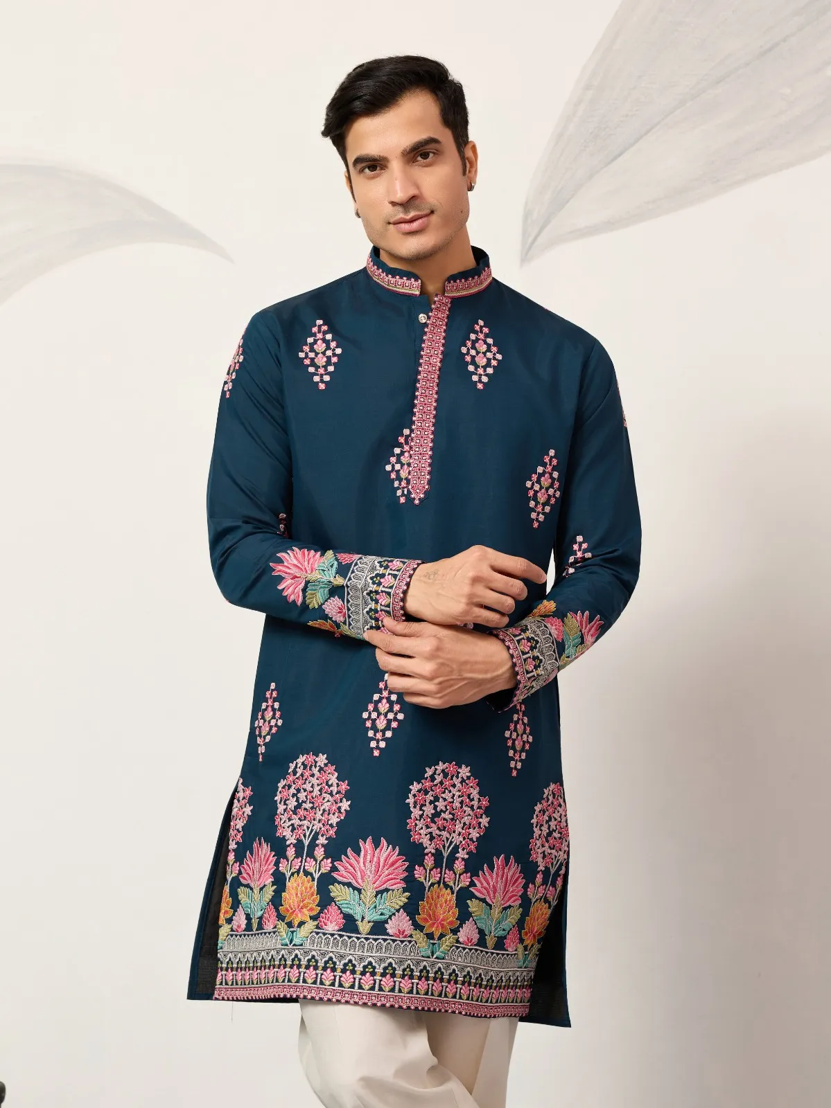Navy Blue Functional Embroidery Men Kurta - Image 2