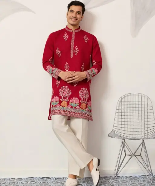 Red Embroidery Men Kurta