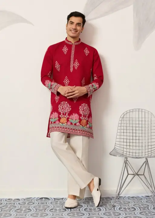 Red Embroidery Men Kurta