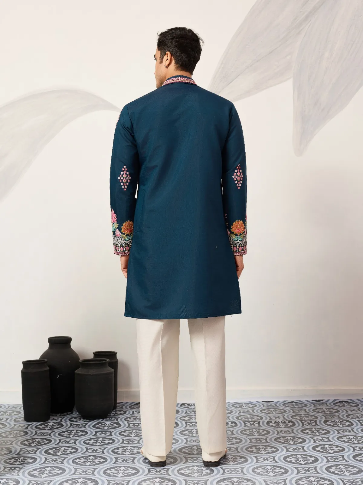 Navy Blue Functional Embroidery Men Kurta - Image 5