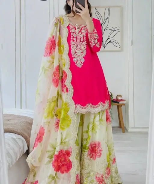 Red Floral Salwar Plazzo Suit | Pakistani Dresses