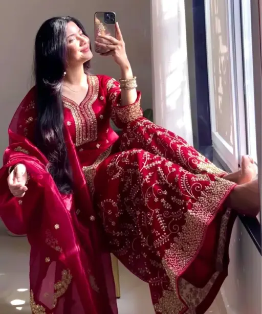 Red Readymade Silk Pakistani Plazzo Dress