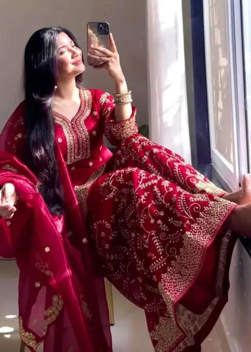 Red Readymade Silk Pakistani Plazzo Dress