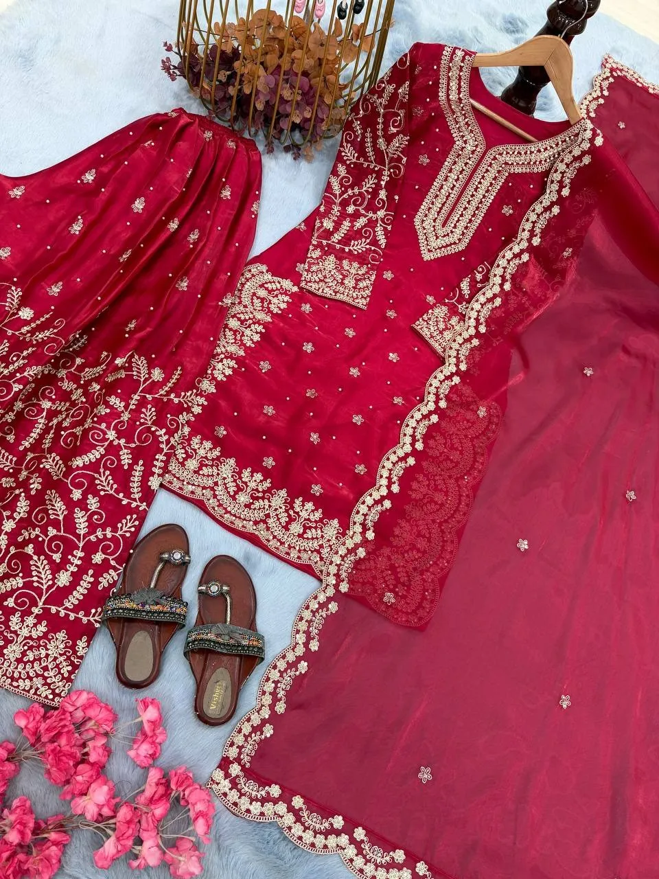 Red Readymade Silk Pakistani Plazzo Dress - Image 2
