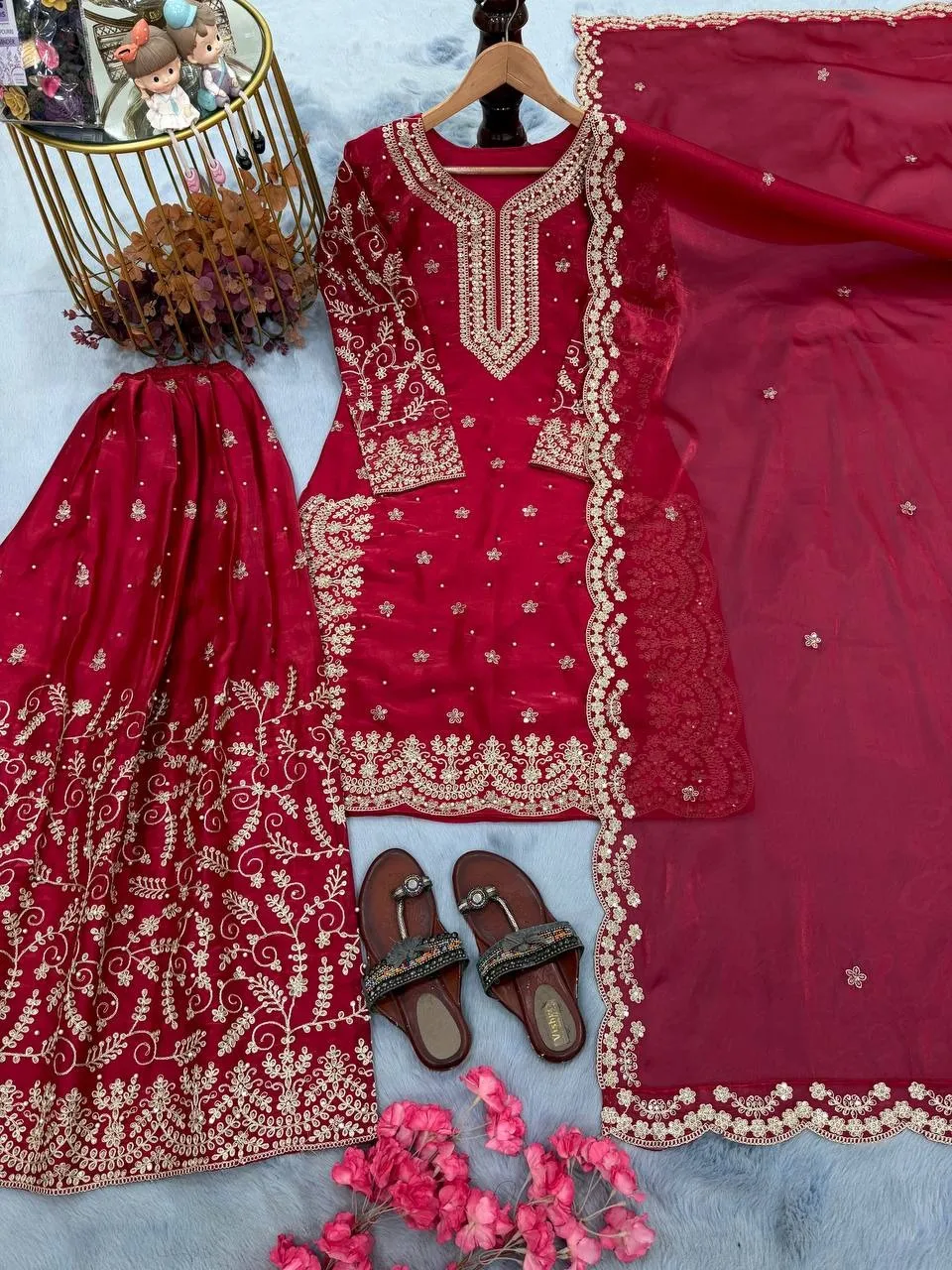 Red Readymade Silk Pakistani Plazzo Dress - Image 3