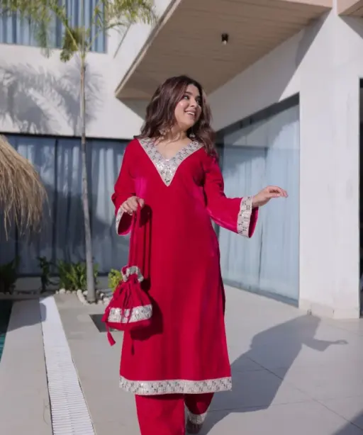 Red Velvet Pakistani Kurti Set