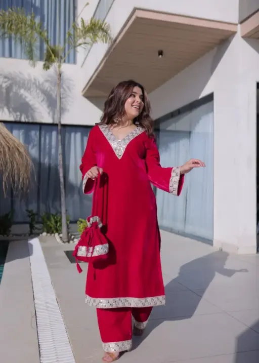 Red Velvet Pakistani Kurti Set