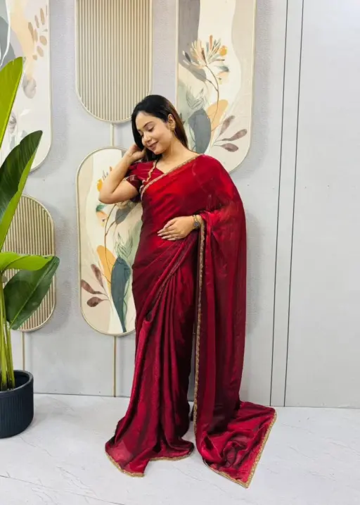 Red Wedding Zip and go Saree with Beads