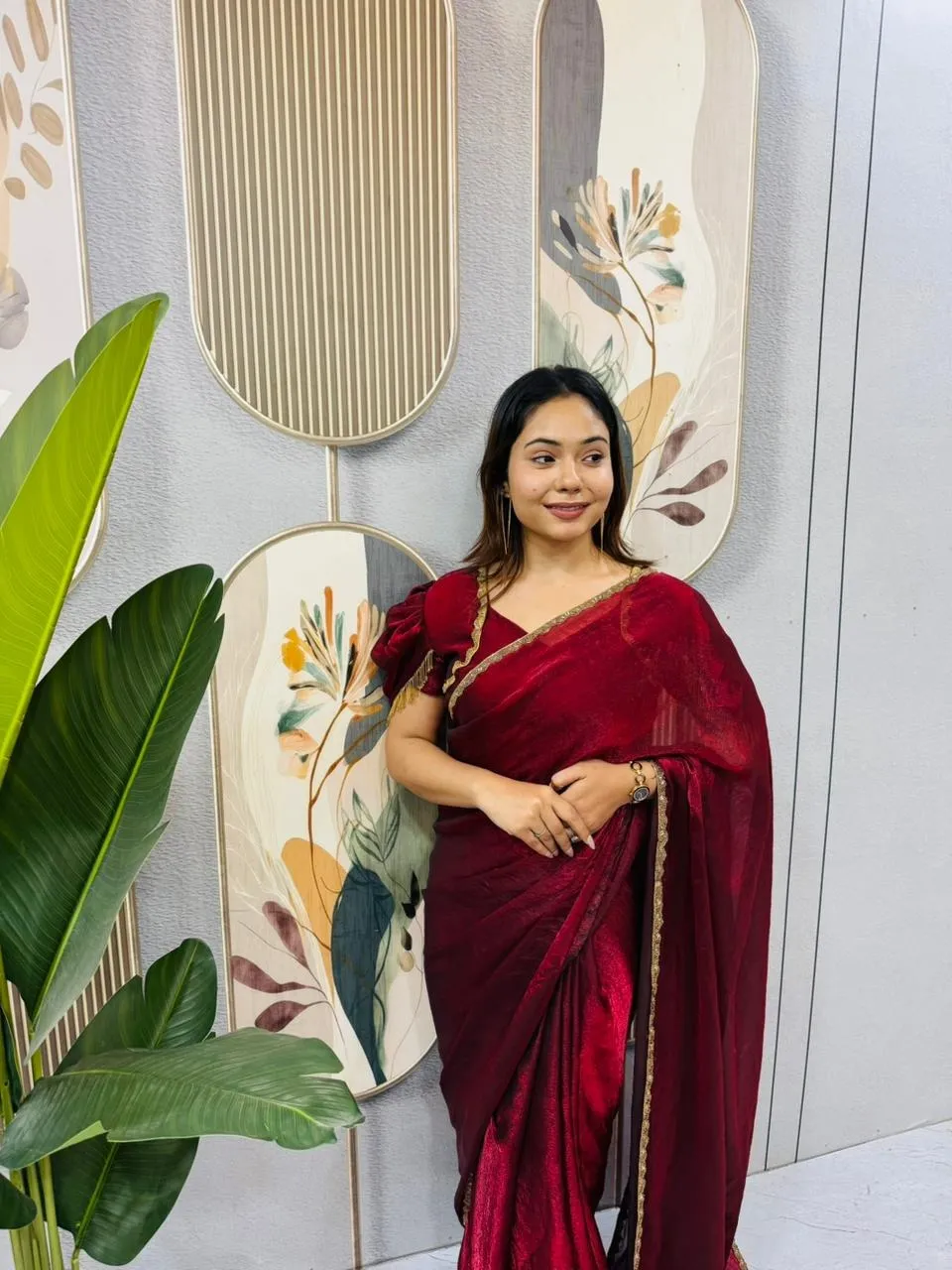 Red Wedding Zip and go Saree with Beads - Image 3