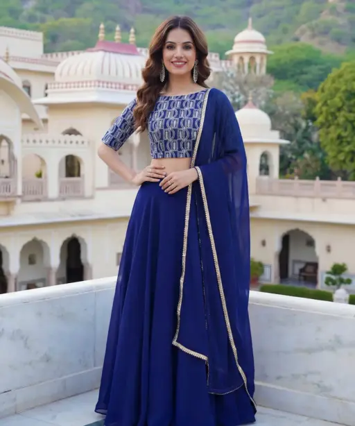 Royal Blue Embroidered Georgette Lehenga Set