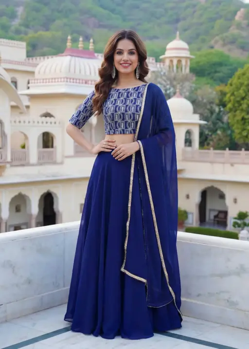 Royal Blue Embroidered Georgette Lehenga Set