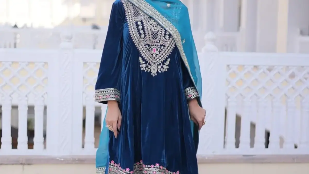 blue velvet fit and flare dress Azure Velvet Winter 2Pc Collection – Blushing Meadow – YourLibaas