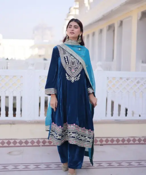 Royal Blue Velvet Pakistani Style Embroidery Suit for Eid