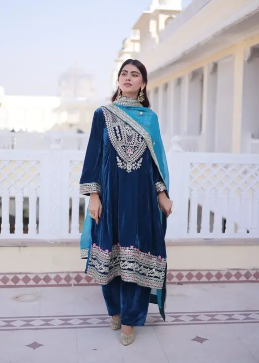Royal Blue Velvet Pakistani Style Embroidery Suit for Eid