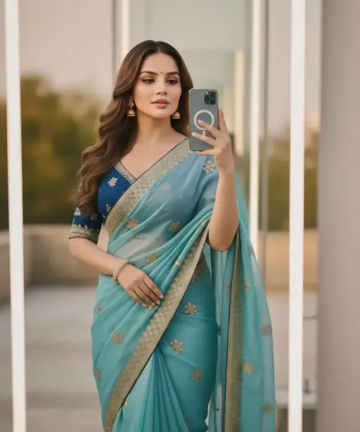 Sky Blue Embroidery Saree with Readymade Blouse