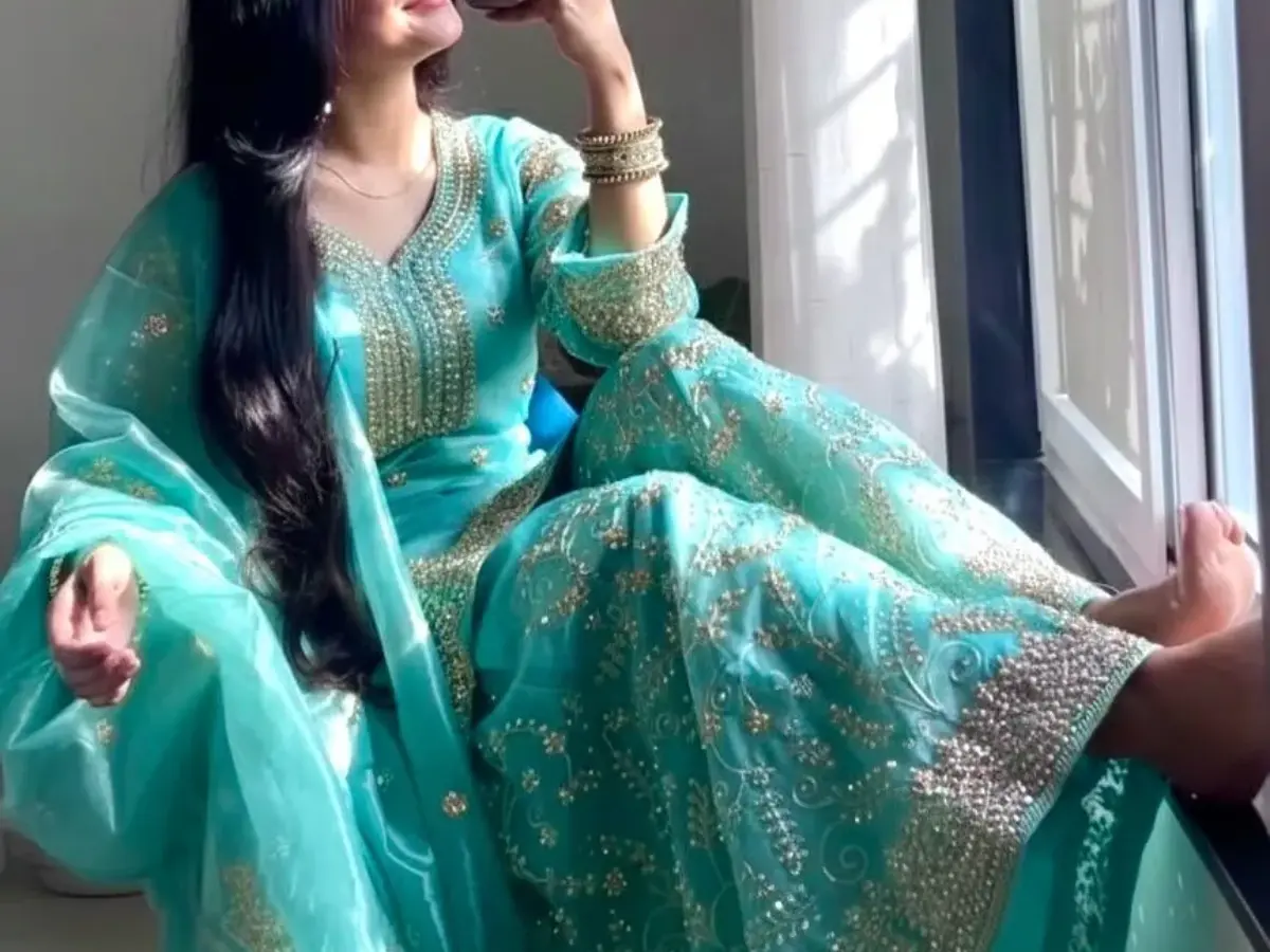Sky Blue Readymade Silk Pakistani Plazzo Dress - Ethnic Suits